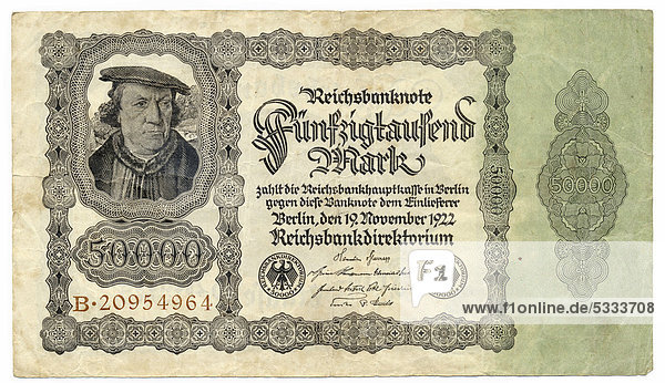Vorderseite einer Banknote  Reichsbanknote  50000 Mark  1922  Inflationsgeld  Deutschland  Europa