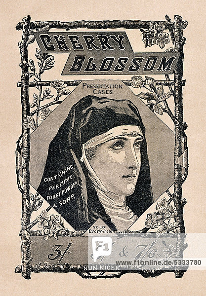 Eine Nonne wirbt für Cherry Blossom Nun Nicer Kosmetik  historische englische Anzeigenwerbung aus The Idler  Merritt & Hatcher  London von 1893  England  Großbritannien  Europa