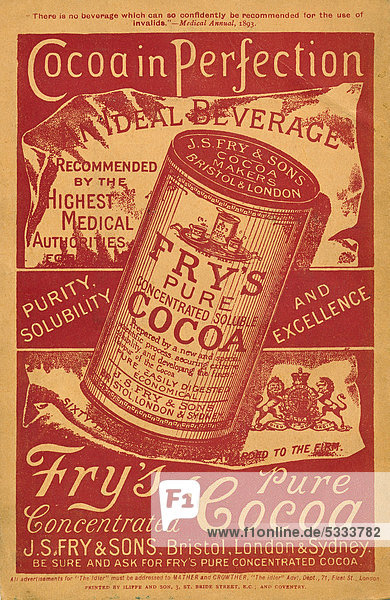 Historische englische Anzeigenwerbung für Fry's pure Cocoa Kakao, aus The Idler, Merritt & Hatcher, London von 1893, England, Großbritannien, Europa