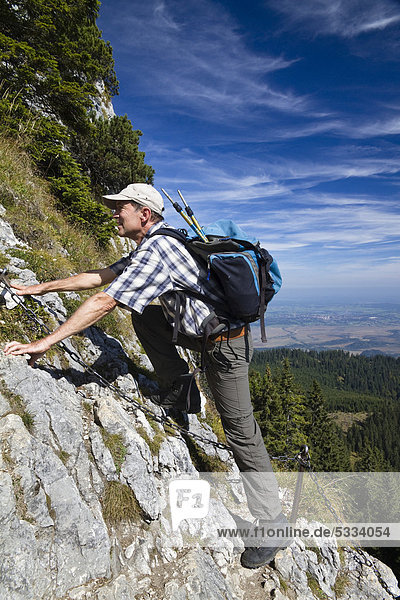 Mann  55 Jahre  auf Klettersteig auf das Ettaler Mandl am Laberberg in den Ammergauer Alpen  Ettal  Oberbayern  Bayern  Deutschland  Europa