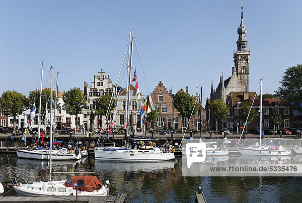 Marina and tower of the town hall  historic town of Veere  Walcheren  Zeeland  Netherlands  Europe