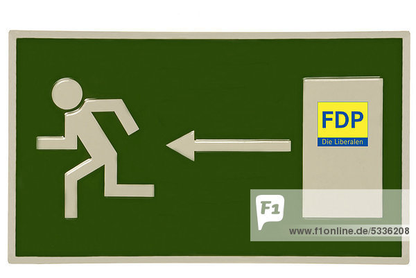 Notausgangsschild mit FDP Logo auf der Tür  Symbolbild Mitgliederschwund bei der FDP