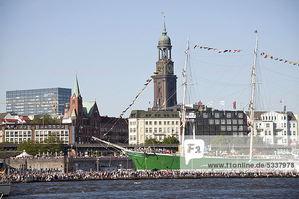 Cityscape of Hamburg with Michel  St. Michaelis Church  and Rickmer Rickmers sailing ship during the birthday celebrations for the port of Hamburg in 2011  Free and Hanseatic City of Hamburg  Germany  Europe