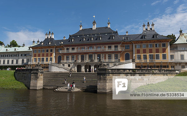 Wasserpalais water palace of Schloss Pillnitz castle with the Elbe in the foreground  Pillnitz district  Dresden  Saxony  Germany  Europe