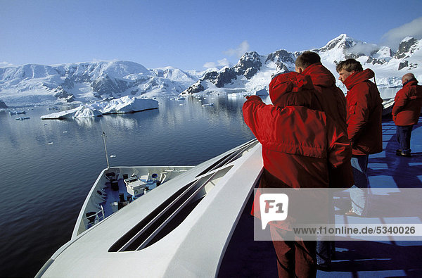 Tourists on cruise ship in Paradise Bay  Graham Land  Antarctic Peninsula  Antarctica