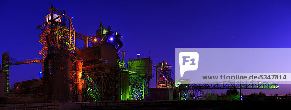 Industrial buildings illuminated at night  Landscape Park  Duisburg  North Rhine-Westphalia  Germany  Europe
