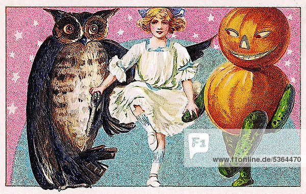 Girl dances with owl and pumpkin figure  Halloween  illustration