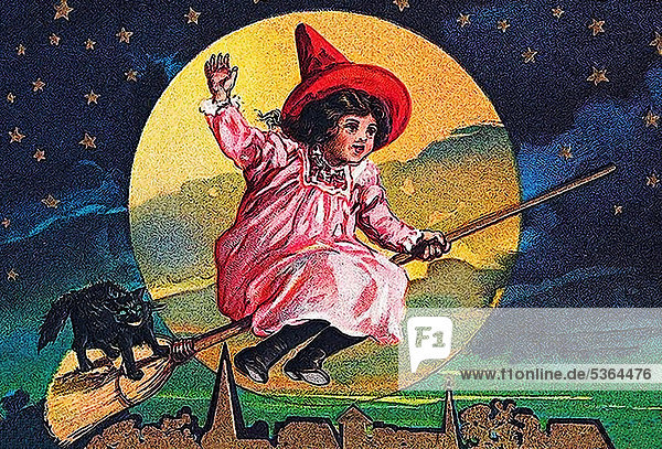 Kleine Hexe fliegt auf einem Besen  schwarze Katze  Nacht  Mond  Sterne  Illustration
