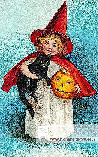Kind mit rotem Umhang und Hut hält schwarze Katze und Kürbis mit Gesicht im Arm  Halloween  Illustration