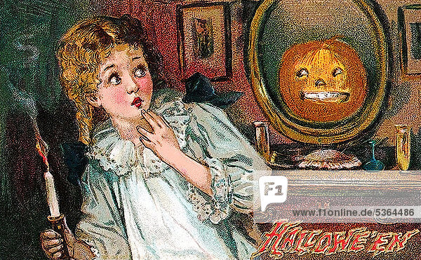 Girl with candle sees a scary pumpkin in the mirror  Halloween  illustration