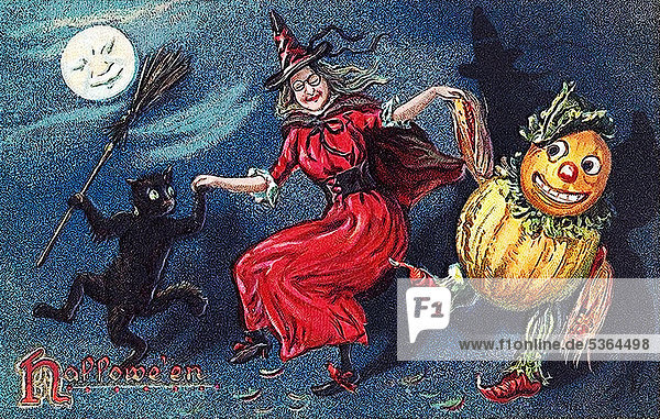 Hexe tanzt mit Kürbisfigur und schwarzer Katze  Halloween  Illustration