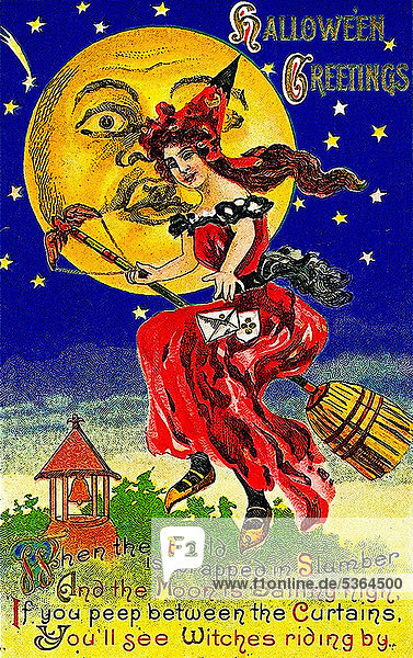 Hübsche Hexe fliegt auf einem Besen  Halloween Greetings  Illustration
