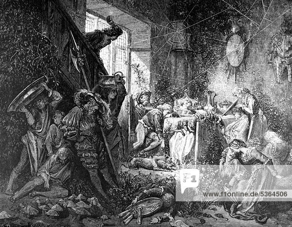 Dornröschen  Menschenmenge leblos schlafend in den Räumen  Illustration aus Perraults Märchen  von Charles Perrault  illustriert von Gustave Dore