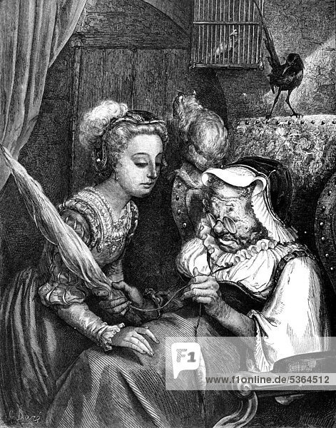Dornröschen  Dornröschen mit Spindel und alte Frau  Illustration aus Perraults Märchen  von Charles Perrault  illustriert von Gustave Dore