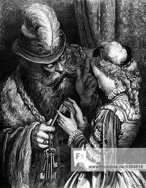 Blaubart  alter Mann mit Bart und Schlüsselbund instruiert Mädchen  Illustration aus Perraults Märchen  von Charles Perrault  illustriert von Gustave Dore