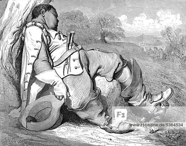 Illustration aus Der kleine Däumling  kleiner Junge zieht schlafendem Monster  Mann die Stiefel aus  aus Perraults Märchen  von Charles Perrault  illustriert von Gustave Dore