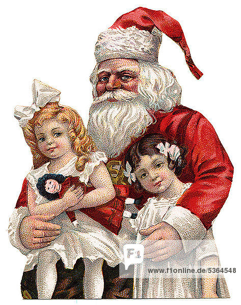 Santa Claus with two girls  historical illustration