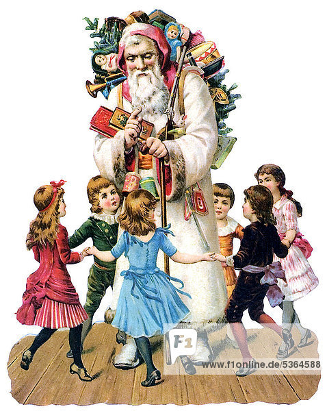 Children dancing around Santa Claus  historical illustration