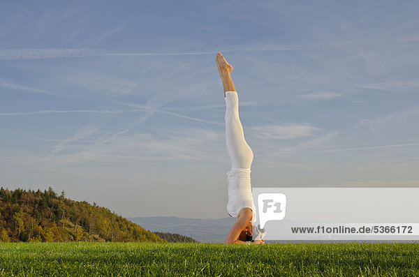 Junge Frau praktiziert Hatha-Yoga im Freien  zeigt die Stellung sirshasana  Kopfstand  Nove Mesto  Okres Teplice  Tschechische Republik  Europa