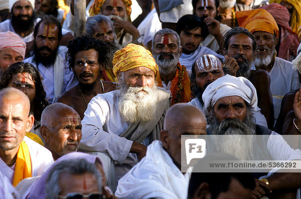 Sadhus gather to follow religious teachings at the Kumbha Mela  Haridwar  Uttarakhand  formerly Uttaranchal  India  Asia