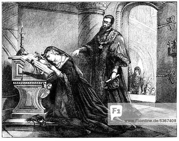 Maria Stuart oder Maria I.  1542 - 1587  Königin von Schottland und Frankreich  historischer Stich aus dem Buch denkwürdiger Frauen  Verlag Otto Spamer  1877