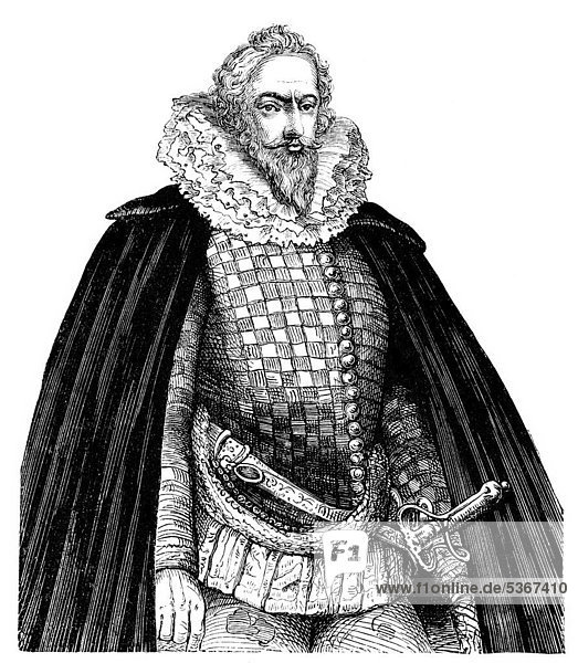 Robert Devereux  2. Earl of Essex  1565 - 1601  ein britischer Politiker und Feldherr von Elisabeth I.  historischer Stich aus dem Buch denkwürdiger Frauen  Verlag Otto Spamer  1877