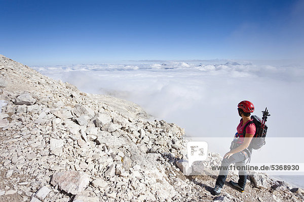 Mountain climber during the ascent of Piz Boe Mountain  Dolomites  Alto Adige  Italy  Europe