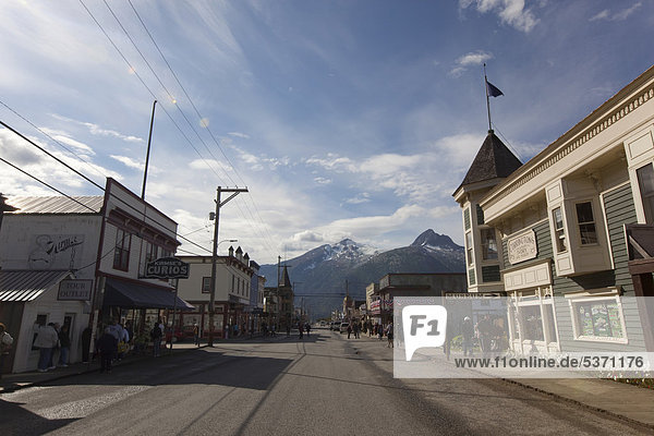 Historic wooden houses  Broadway  centre of Skagway  Klondike Gold Rush  Alaska  USA