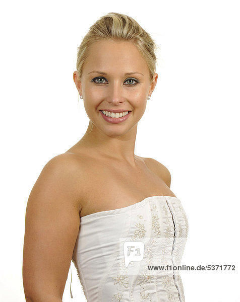 Young woman wearing a white strapless top  portrait
