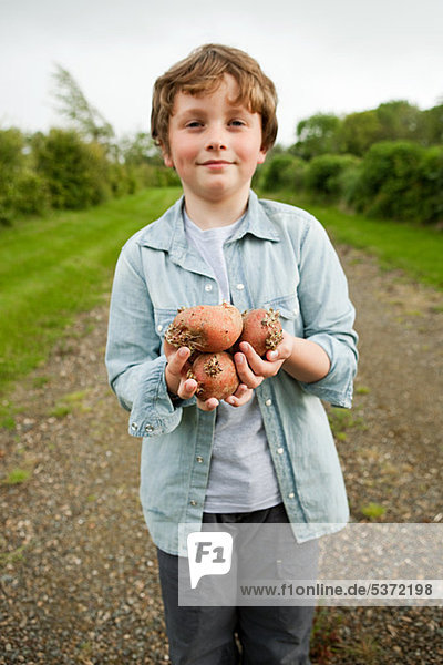 Junge mit Handvoll Kartoffeln