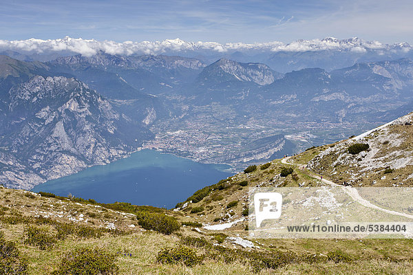 View of Lake Garda and Arco  on the way to the top of Monte Altissimo mountain above Nago-Torbole  province of Trentino  Italy  Europe