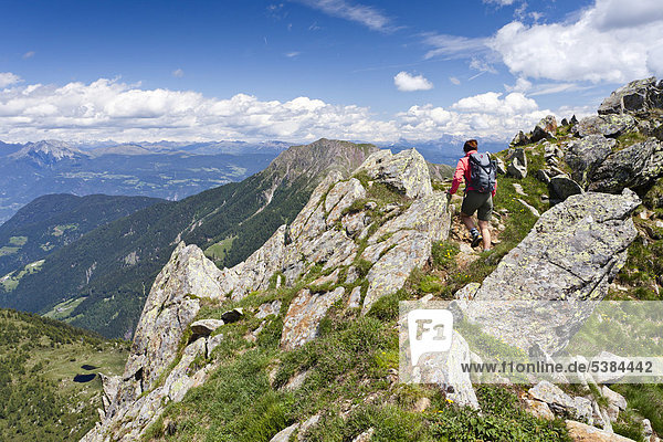 Hiker on the ridge of Spitzer Kornigl to Kleiner Kornigl  Ultental valley  Ulten in spring  South Tyrol  Italy  Europe