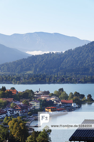 Tegernsee town with Lake Tegernsee  Schloss Ringberg castle at back  view from high trail  Upper Bavaria  Bavaria  Germany  Europe  PublicGround