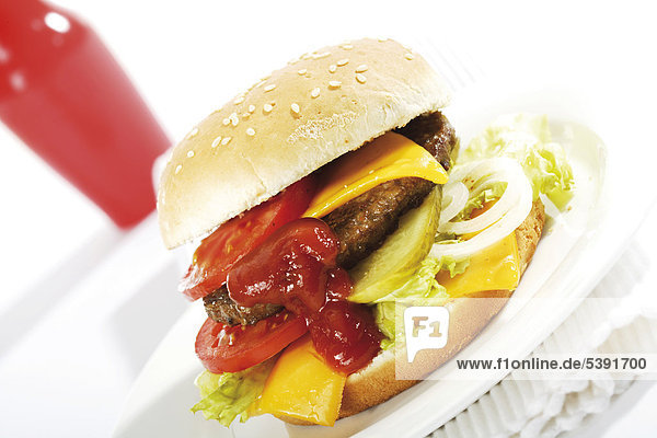 Cheeseburger mit Salatblättern  Tomaten  Gurken  Zwiebelringen und Ketchup