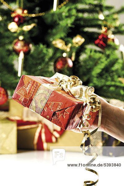 Geschenk halten Verpackung frontal Weihnachtsbaum Tannenbaum Dekoration umwickelt