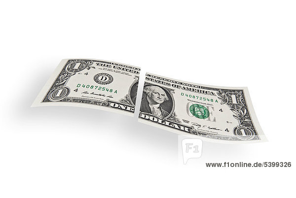 1 US Dollar Banknote  zerteilter Dollarschein  durchgeschnittener Ein-Dollarschein  Entwertung der Währung