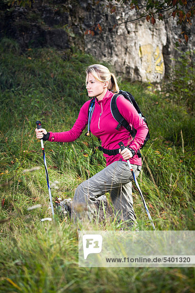 Young woman hiking in Alps near Bergen  Bavaria  Germany  Europe