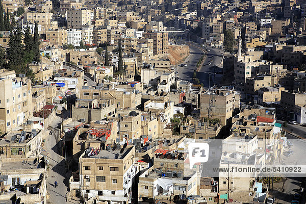 Amman Hauptstadt Stadtansicht Stadtansichten Wohnhaus Gebäude Reise Stadt Großstadt Ziel Architektur Asien Erhöhte Ansicht Aufsicht Naher Osten Zitadelle