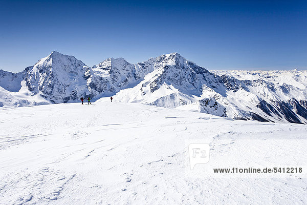 Ski tourers descending Mt Punta Beltovo di Dentro  Solda  Sulden  in winter  Gran Zebr_  Mt Ortles and Monte Zebru in the back  South Tyrol  Italy  Europe