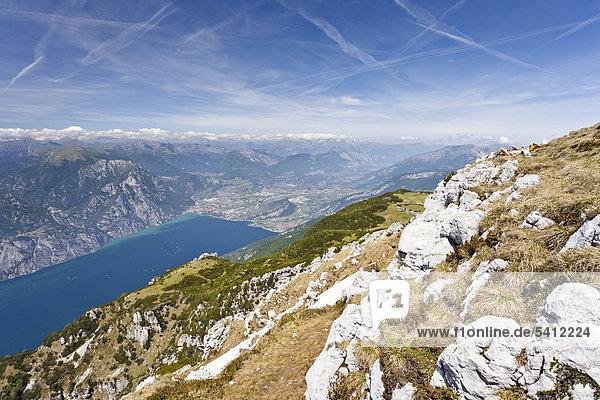 View from Mt Monte Altissimo  above Nago-Torbole  Lake Garda and Arco below  Trentino  Italy  Europe