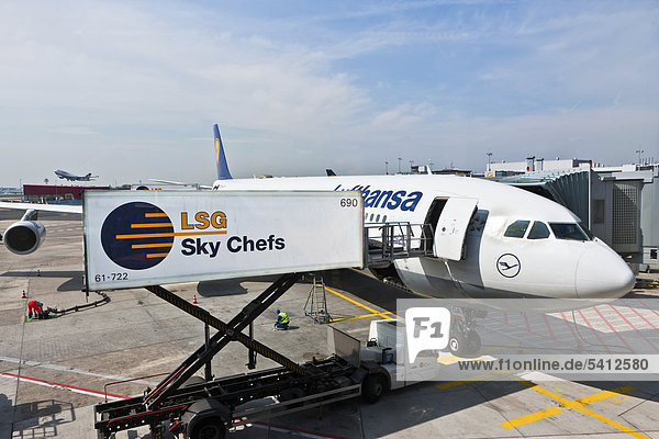 Ein Airbus A340 der Lufthansa wird am Gate von den Sky Chefs beladen  Frankfurt  Hessen  Deutschland  Europa
