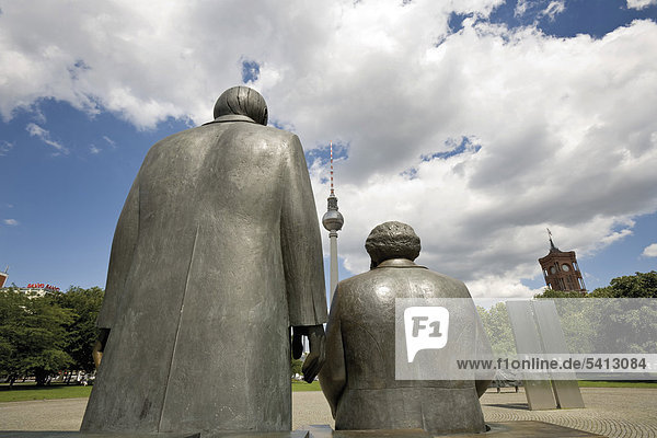 Marx and Engels Monument and telecommunications tower (back)  Alexanderplatz  Berlin  Germany