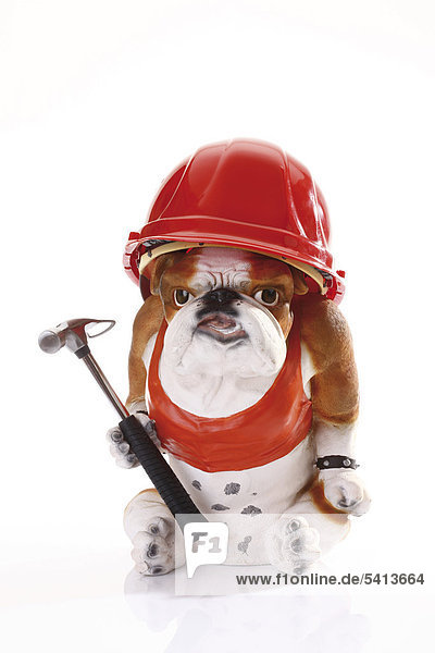 Bulldogge Figur mit rotem Bauhelm und Hammer