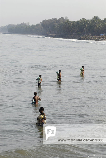 Fischer mit Netzen im Wasser  bei Beypore  Kerala  Malabar-Küste  Südindien  Indien  Asien