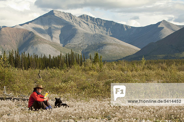 Junge Frau liest ein Buch  entspannt  sitzt im Wollgras  ihr Hund  ein Alaskan Husky  neben ihr  Peel Watershed  hinten die nördlichen Mackenzie Mountains  Yukon Territory  Kanada