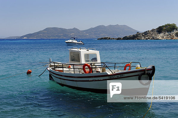 Boat in the harbour  Kokkari  Samos Island  Aeegean Sea  southern Sporades  Greece  Europe