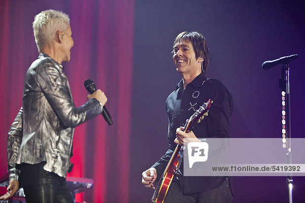 'Swedish pop duo ''Roxette'' with Marie Fredriksson and Per Gessle playing live at Hallenstadion in Zurich  Switzerland  Europe'