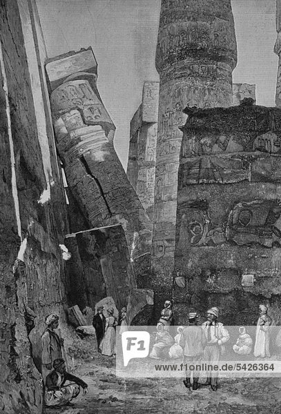 Newly fallen pillar in the Temple of Karnak  Egypt  woodcut  historical engraving  1882