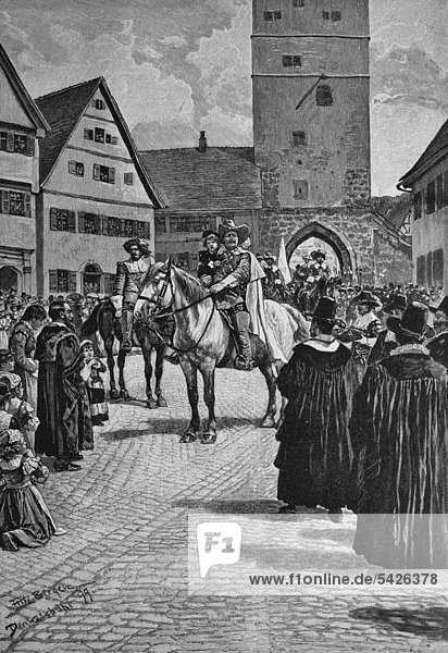 Die Kinderzeche in Dinkelsbühl  Oberst Klaus Sperreut verkündet der Stadt den Pardon  Bayern  Deutschland  Holzschnitt 1899