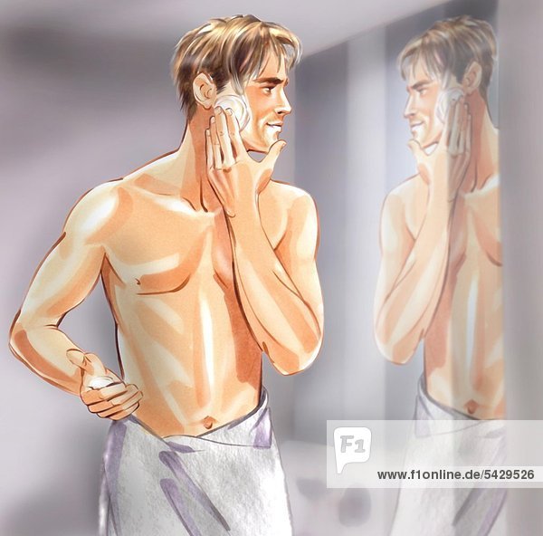 Mann rasiert sich vor den Badezimmerspiegel